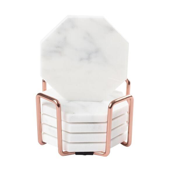 NIB D'Eco White Carrara Marble Coasters & Rose Gold Coaster Holder, Set of 5 - Picture 8 of 13